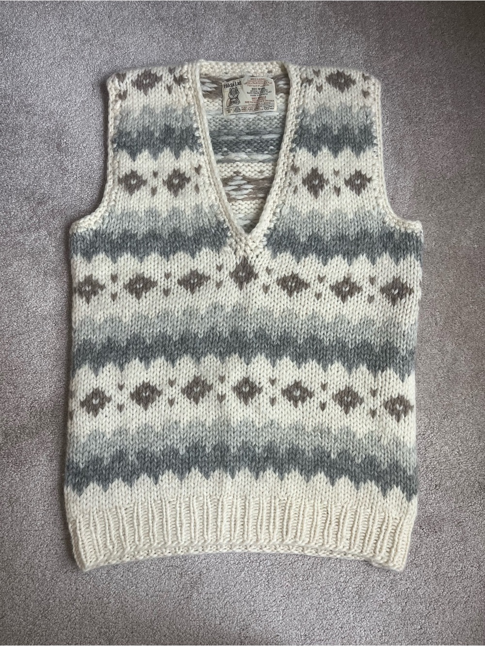 VTG Hilda Ltd Vest Beige Fair Isle Icelandic Diamond Wool Sweater Mens Medium